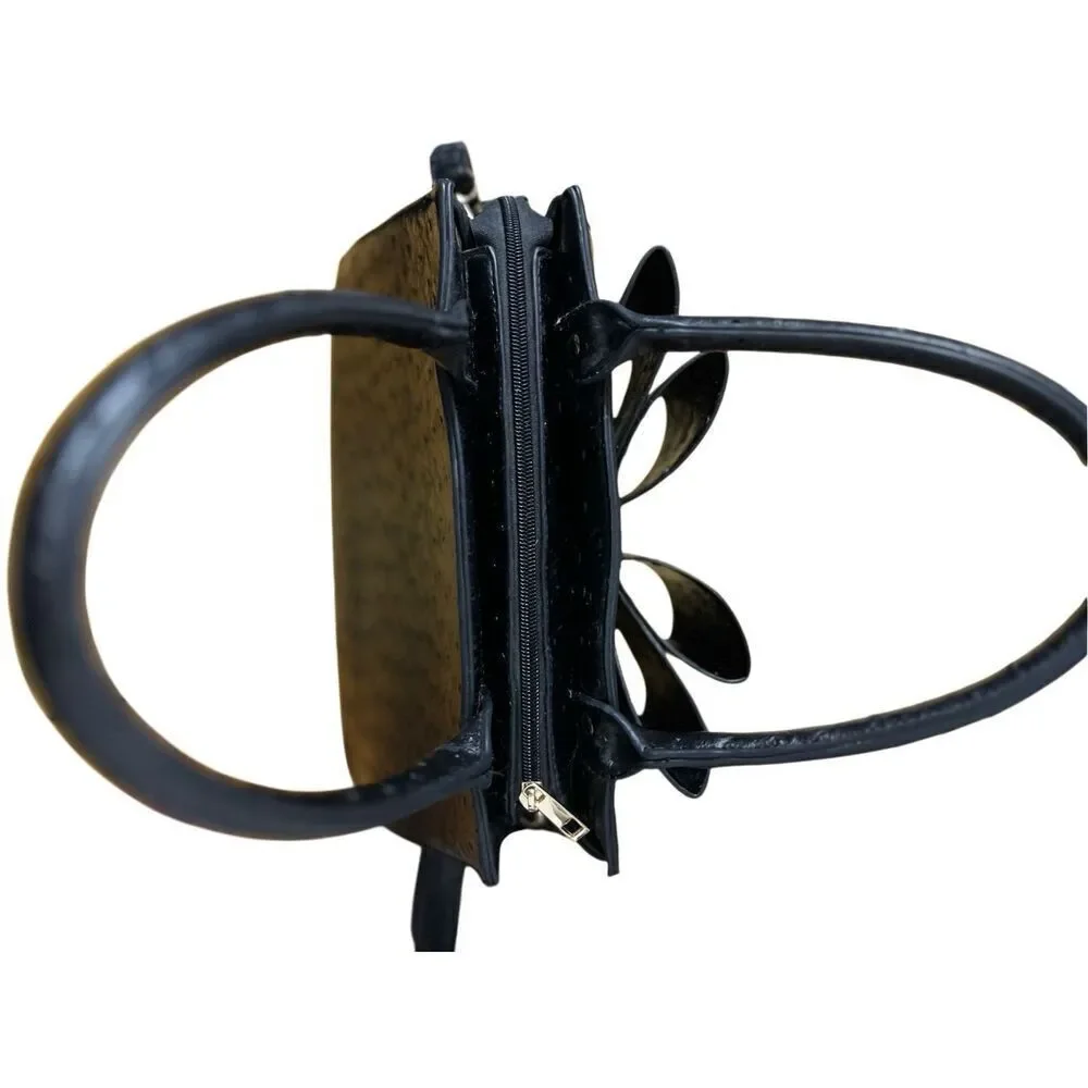 Grossi Faux Ostrich Vegan Leather Satchel: Elegant Black Double Bow